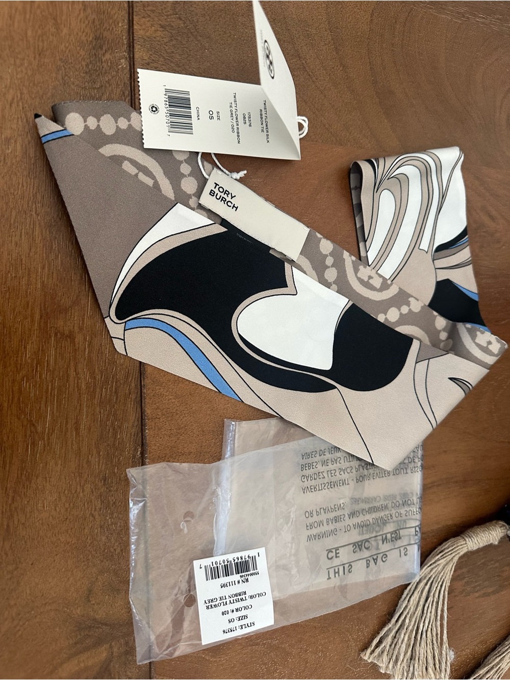 NWT Tory Burch Abstract Print Silk Scarf - Taupe, Black, White, Blue